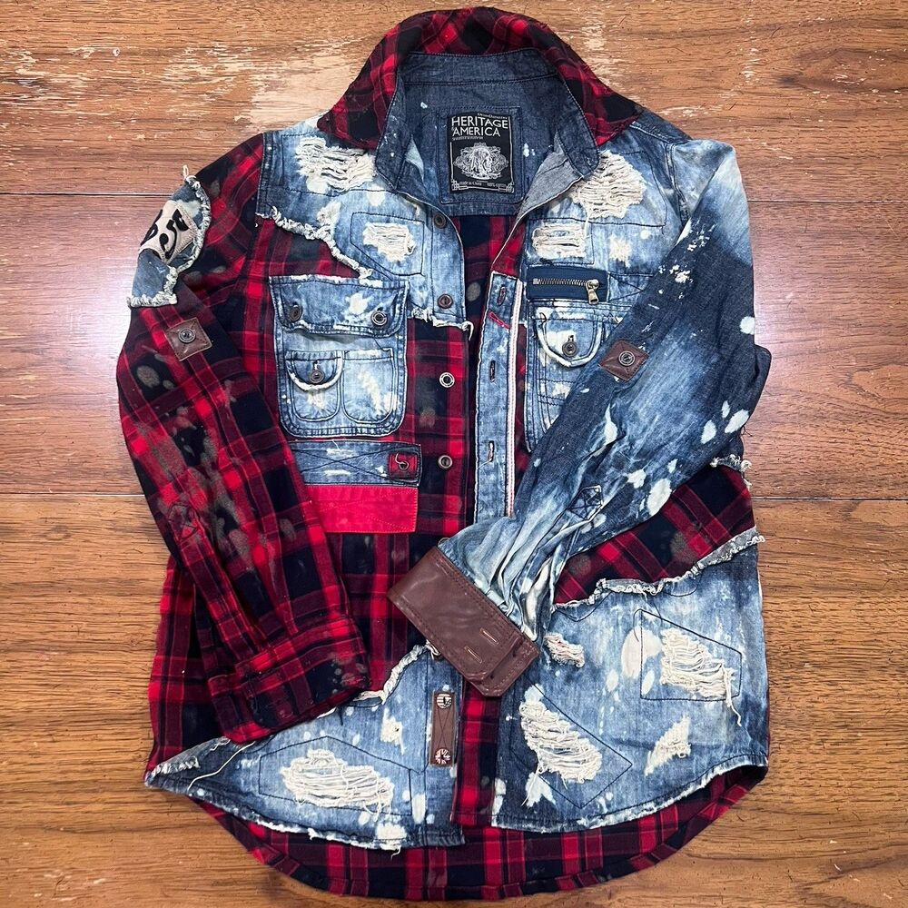 Heritage America 1776 Denim Distillery Distressed Flannel & Denim Hybrid Shirt